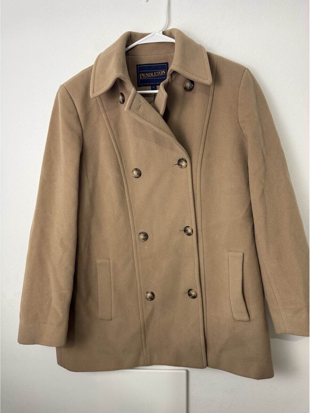 Womens 14 Pendleton Double Breasted Camel Merino Wool Lined Jacket Coat USA Made